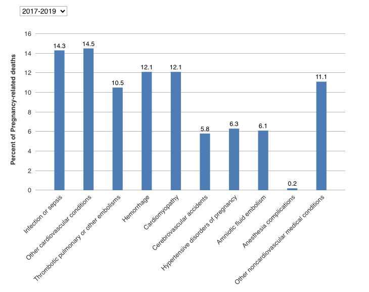 Bar graph showing causes of pregnanyc related death in the US for 2017-2019